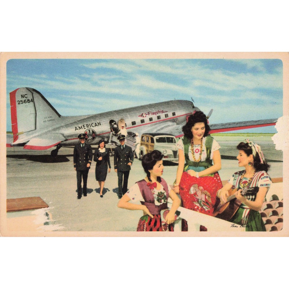 Vtg American Airlines Flagship NC 25684 DC-3 Airplane Postcard Ivan Dmitri Mexic